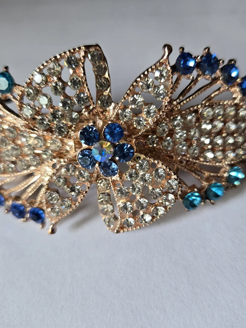Gold Floral Butterfly Hair Clip with Blue and Clear Crystals